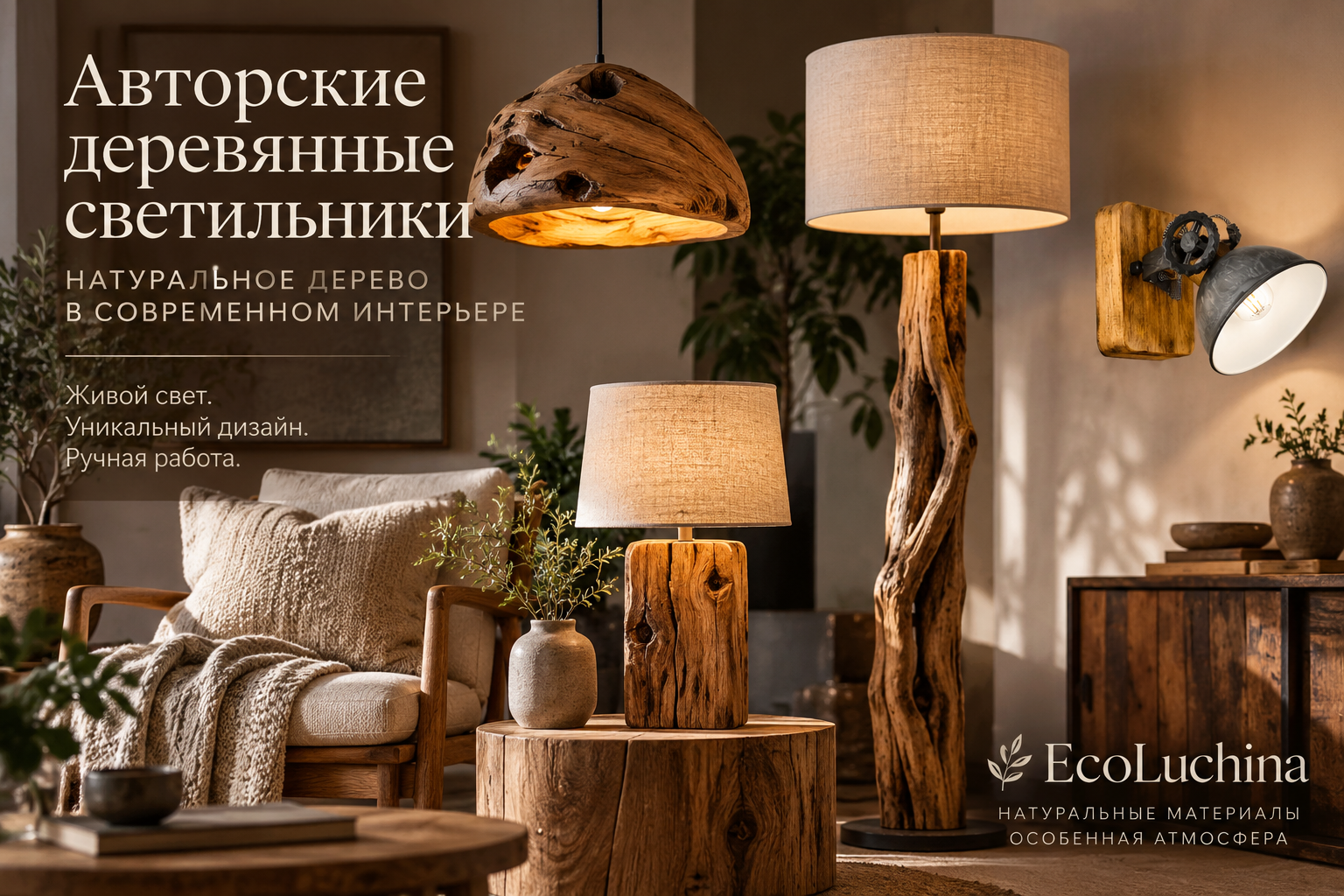 Авторские деревянные светильники ручной работы для интерьера