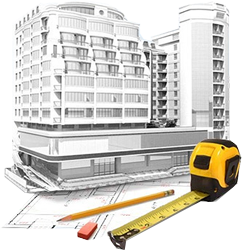 черно-белый графический рисунок многоэтажного здания с подземной парковкой, на переднем плане измерительная рулетка, ластик и карандаш