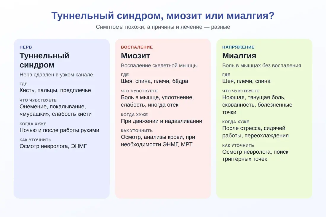Сравнение: туннельный синдром, миозит и миалгия — где болит, что чувствуете, как уточнить диагноз