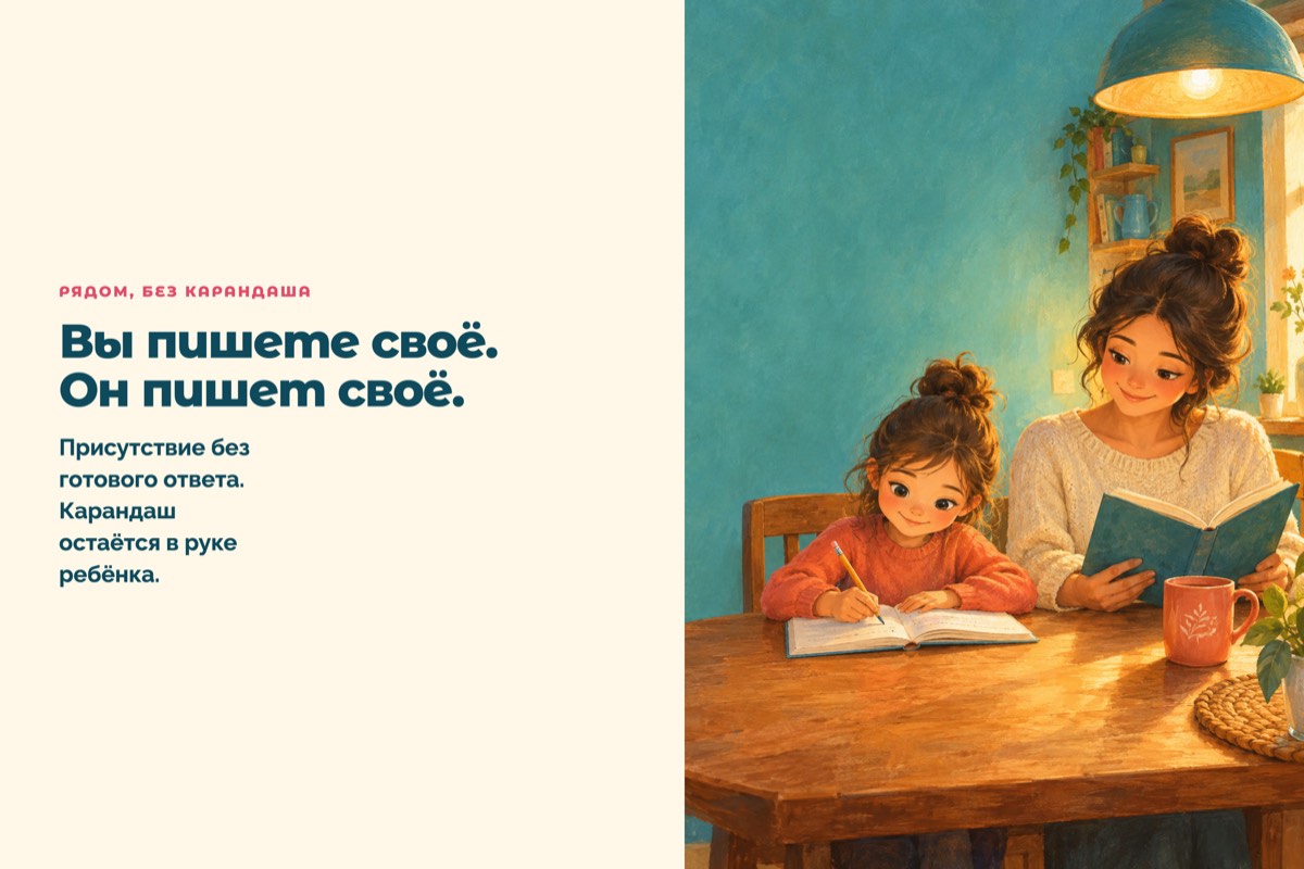 Ребёнок пишет в тетради, родитель рядом читает свою книгу