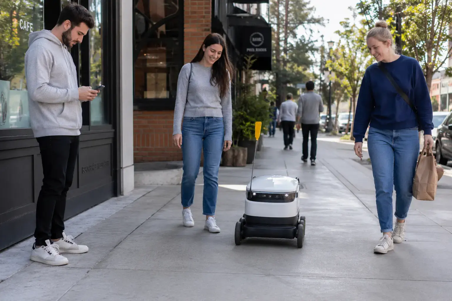 Small delivery robot momentarily stopped and confused on city sidewalk with blinking indicator lights, while 2-3 pedestrians patiently wait and gently navigate around it, showing human patience with robot navigation errors