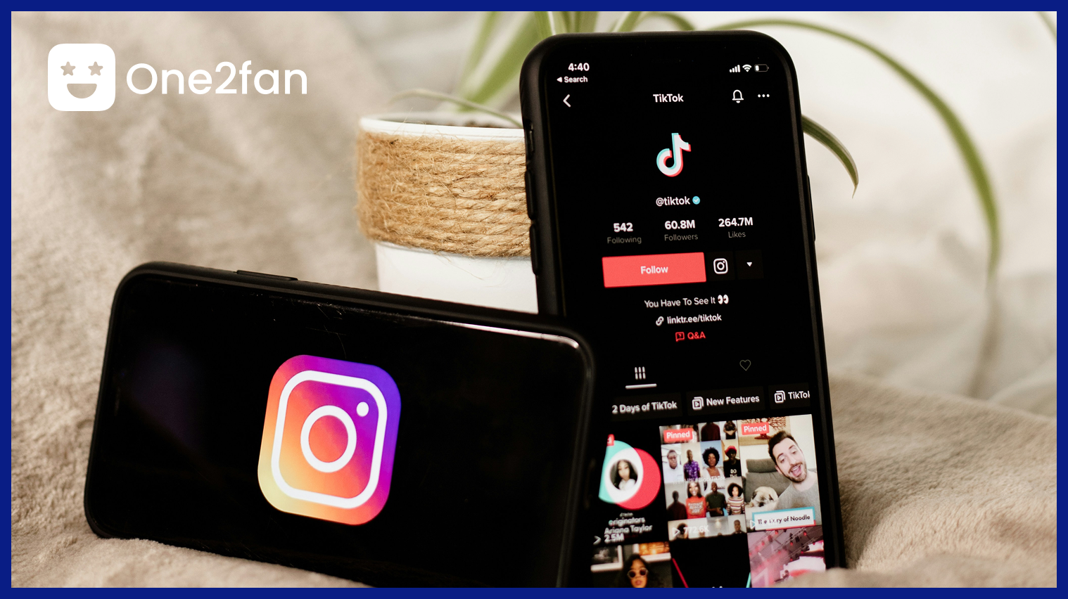 The picture shows two black phones. One has the Instagram logo on its screen while another one shows TikTok official account on TikTok