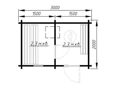 Проект бани 1 из бруса Площадь: 9 м² Размер: 2x3 м вид план 