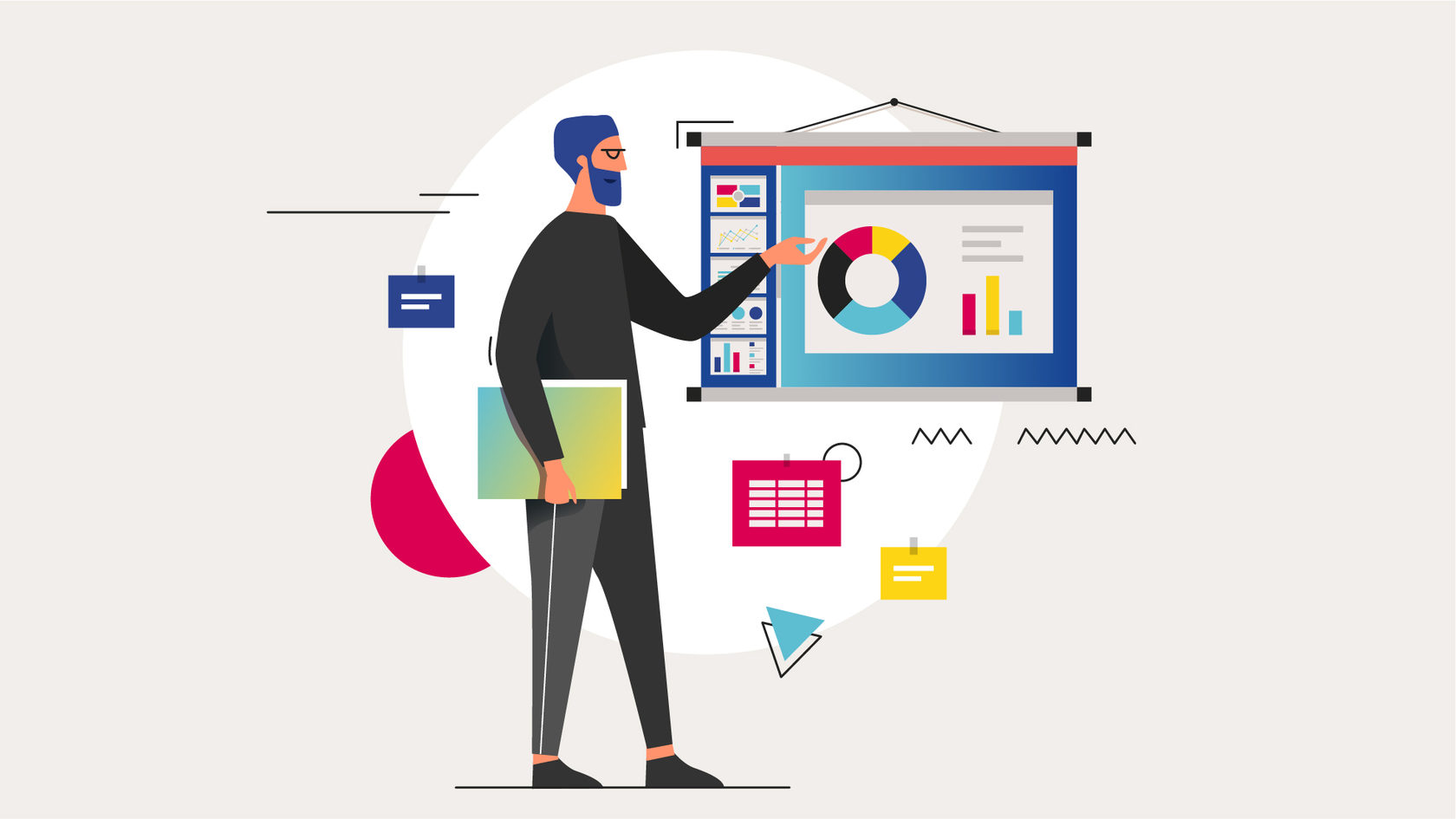 персонаж мужчина с папкой показывает график