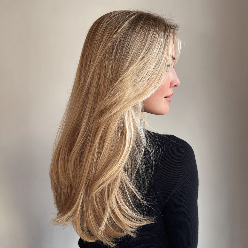 Бежевый блонд на длинных волосах при дневном свете