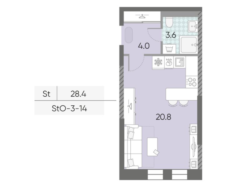 Планировка студии 28,4 м² в ЖК «МАРК»: дом 33, 14-й этаж