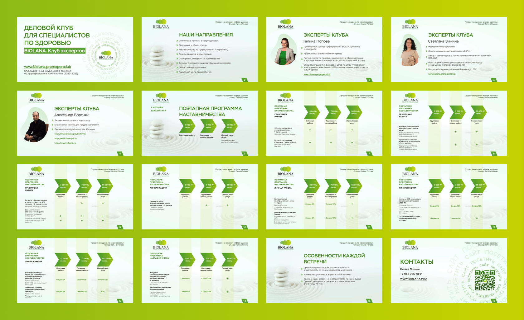 Дизайн презентации Biolana: обложка презентации с предварительным просмотром всех слайдов, включая информацию о направлениях, экспертах и контактных данных 