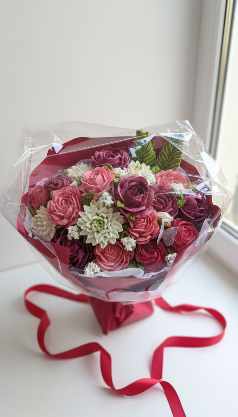 Букет из роз, бутонов, хризантем ,листьев папоротника из зефира VIP №5 2