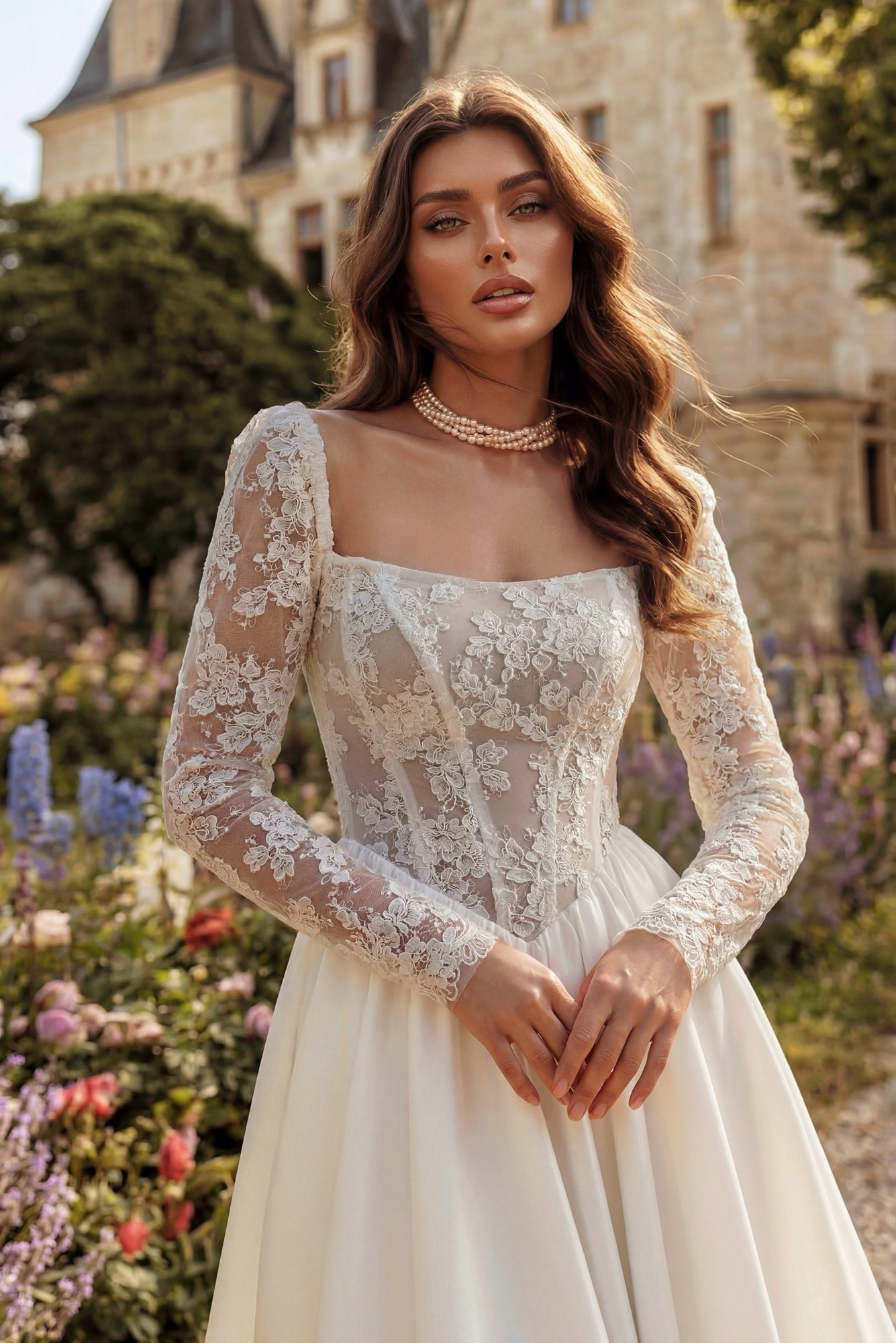 атласное свадебное платье с длинными рукавами