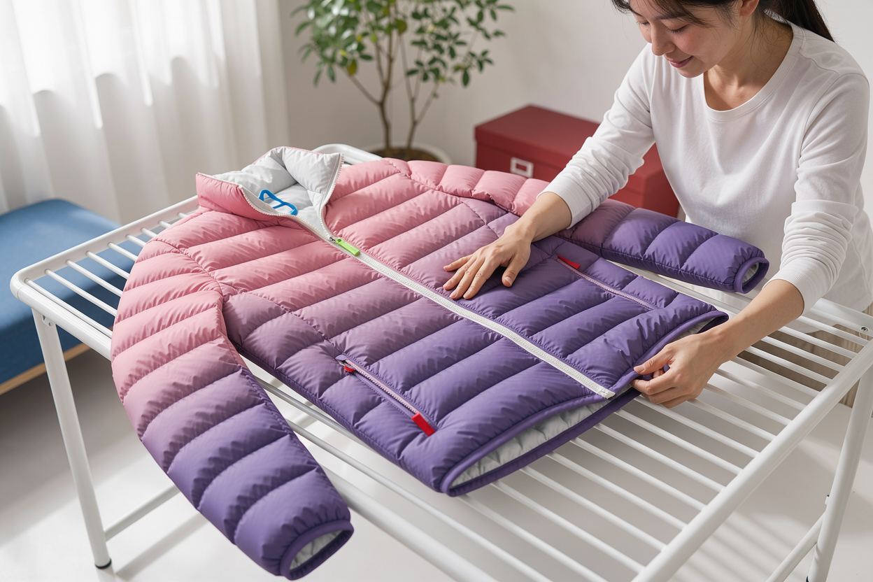 Padded jacket laid flat on a drying rack indoors, someone gently patting and reshaping the panels by hand, soft natural light, no appliances visible