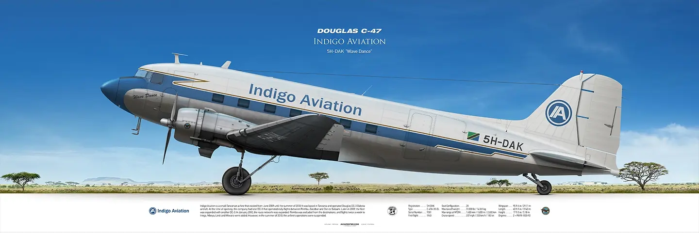 Профиль самолета Douglas C-47 Dakota авиакомпании Indigo Aviation на фоне танзанийского пейзажа