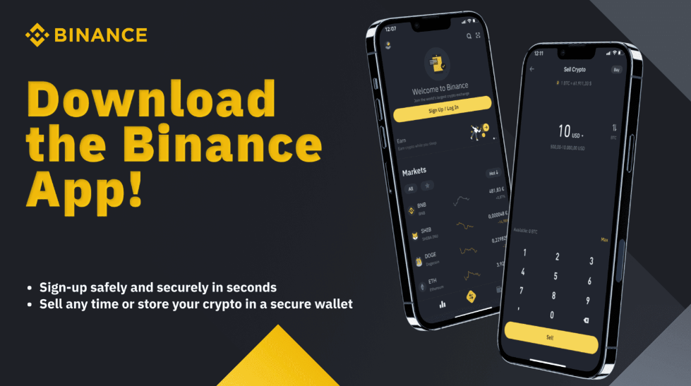 Black graphic plate with yellow letters, with the phrase: Download Binance App