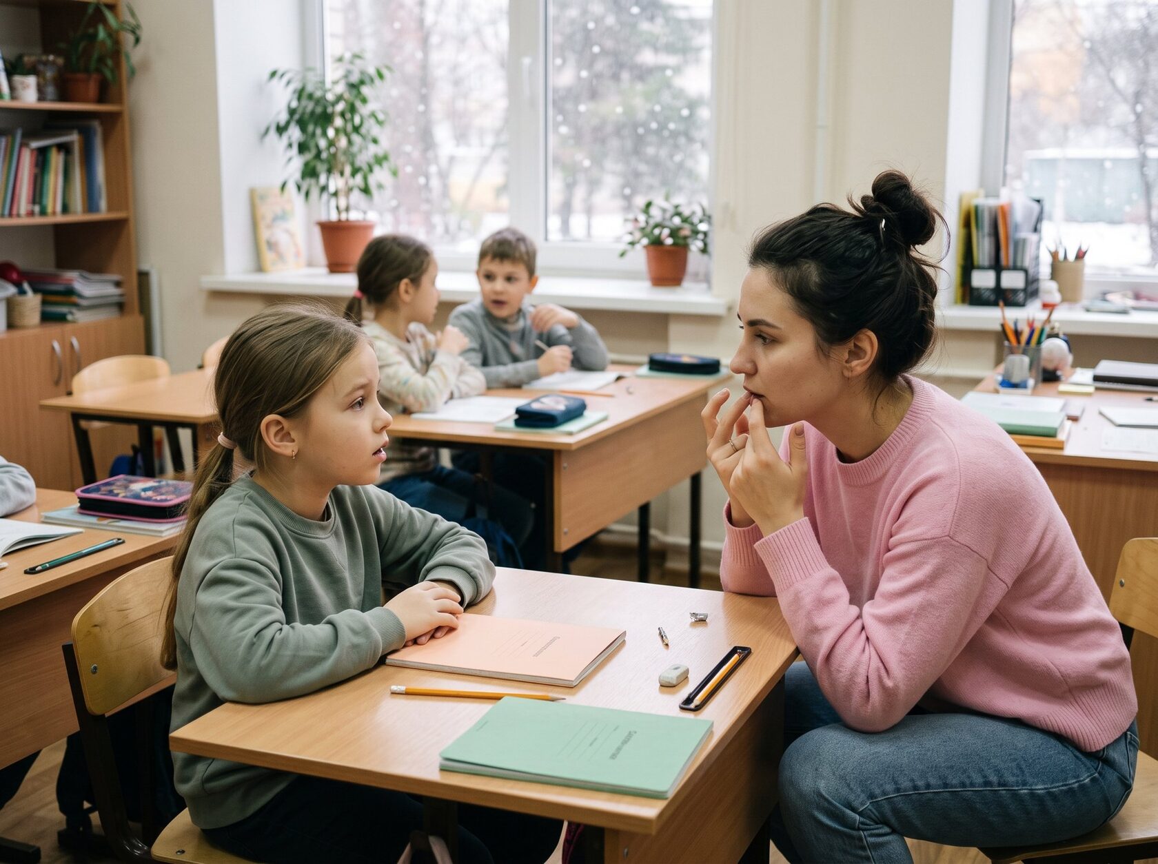 Преподаватель внимательно слушает девочку на занятии английским