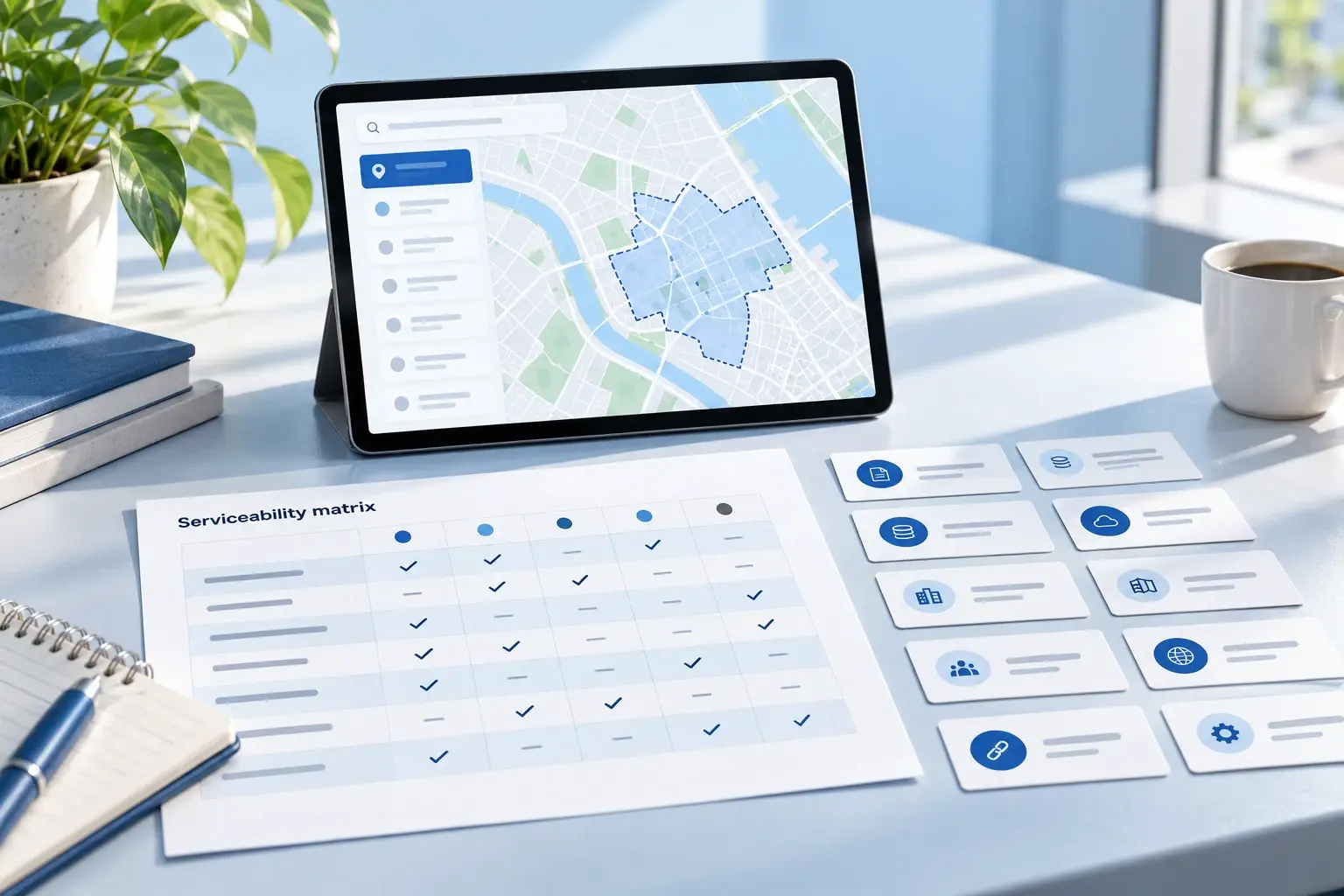 Concept illustration: A tablet showing a simplified street map beside a printed serviceability matrix and ten source cards; cool daylight, pale blue desktop.