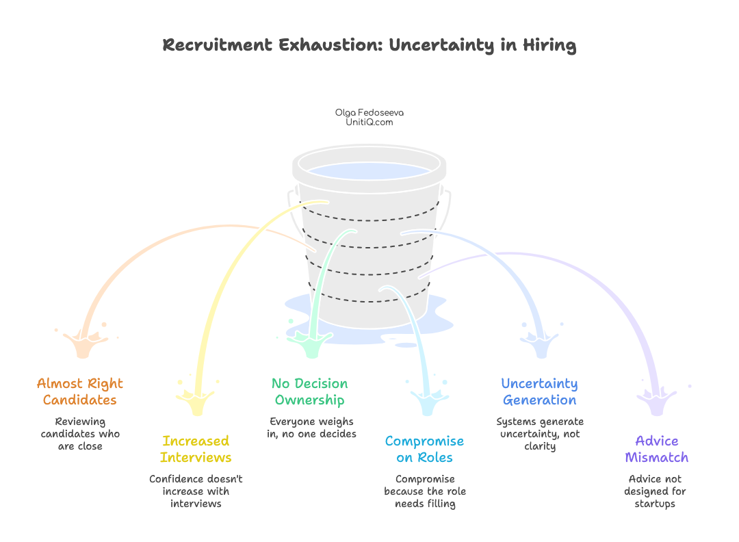 Diagram illustrating recruitment exhaustion where uncertainty leaks into almost-right candidates, increased interviews, lack of decision ownership, role compromises, and advice mismatch.