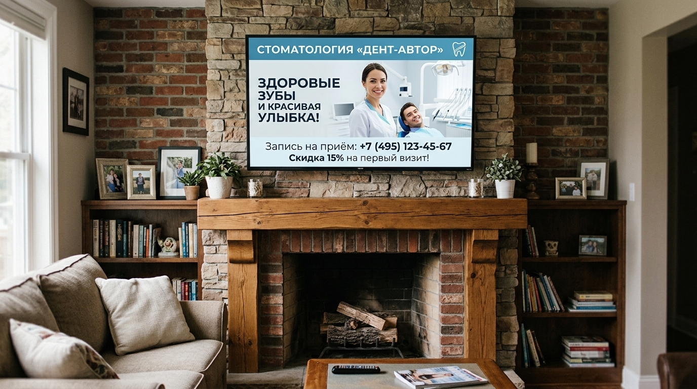 Пример рекламы на Smart TV: Стоматология: оффер, телефон и скидка на первый визит