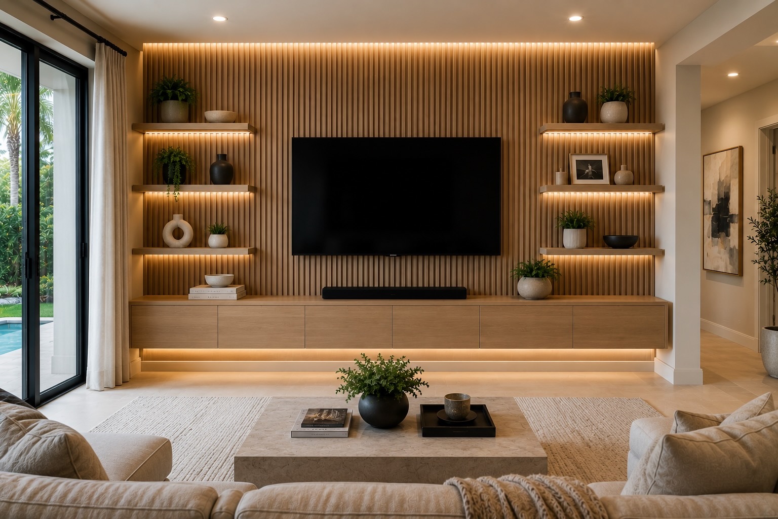 Custom built-in media center with white oak cabinetry and floating shelves in an Orlando living room.
