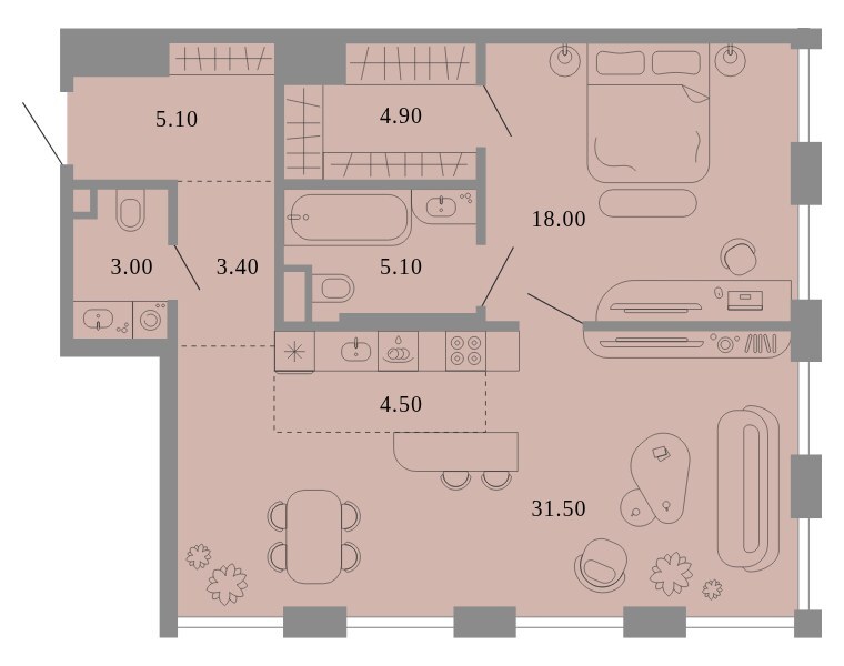 Планировка: квартира с 1 спальней 75,5 м² в ЖК «Тессинский, V», дом Nox, 3-й этаж