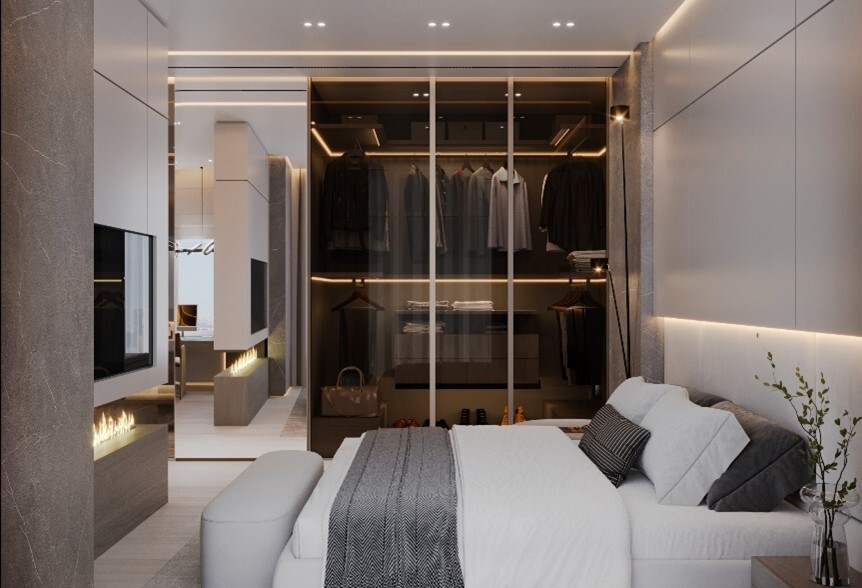 Дизайн интерьера гардеробной холостяка с подвесной кухней, камином и кожаными акцентами