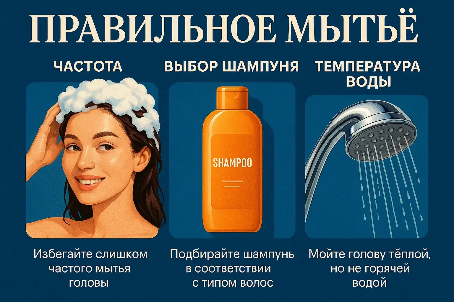 Правильное мытьё волос — частота, подбор шампуня и температура воды.