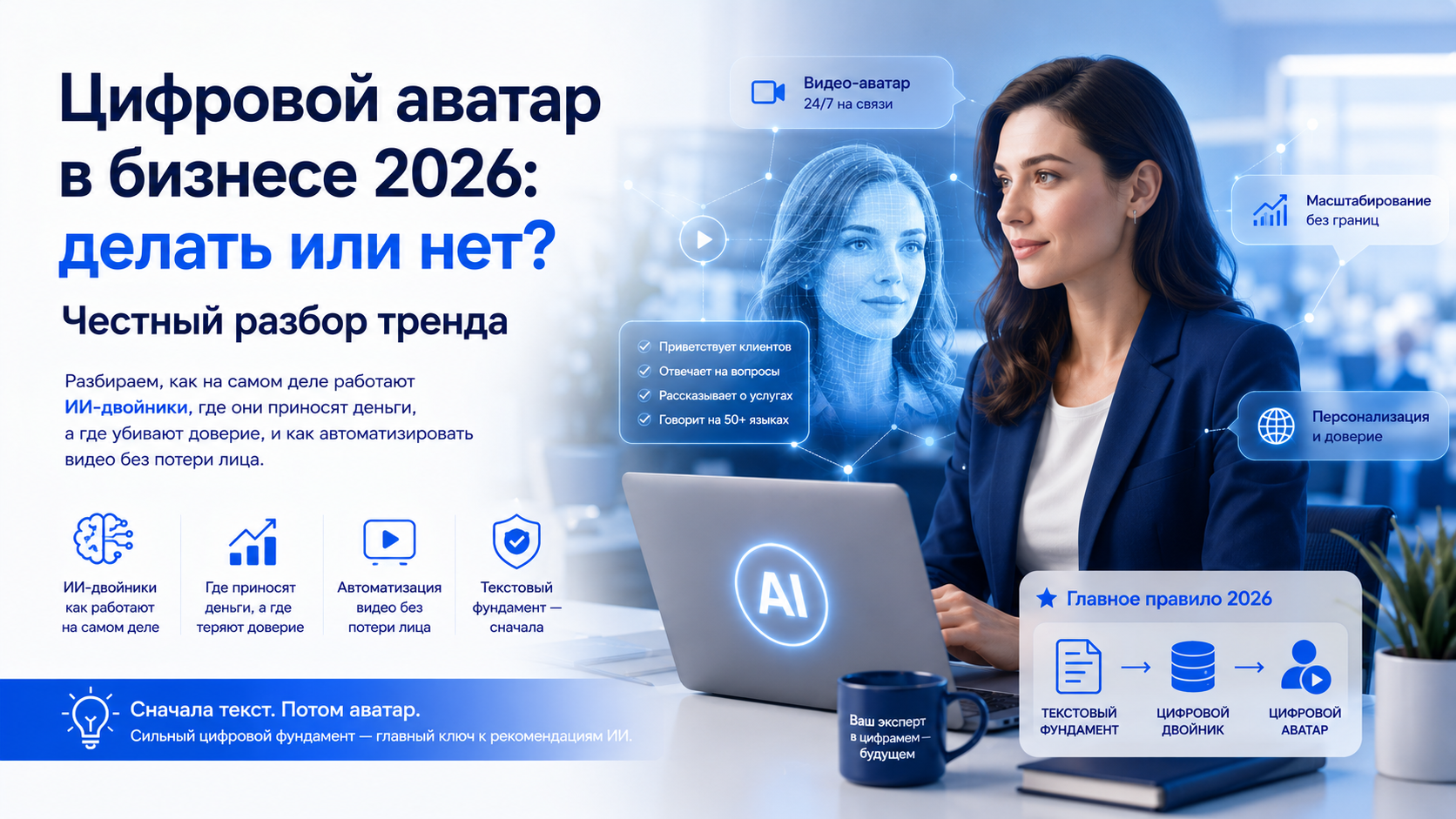 Цифровой аватар в бизнесе 2026: делать или нет Честный разбор тренда. Инфографика: схема трех уровней цифрового присутствия текстовый фундамент → цифровой двойник → цифровой аватар. Главное правило 2026 года: сначала текст потом аватар. Преимущества ИИ-дв