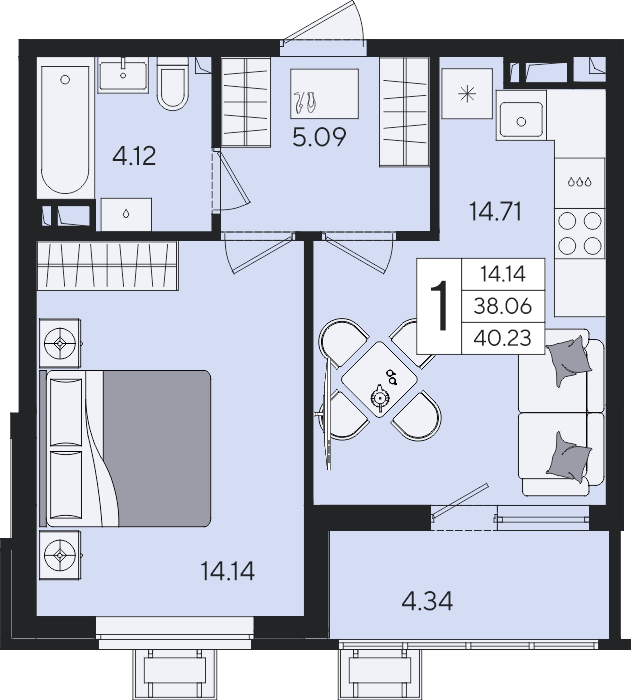 1-комнатная 40,23 м²