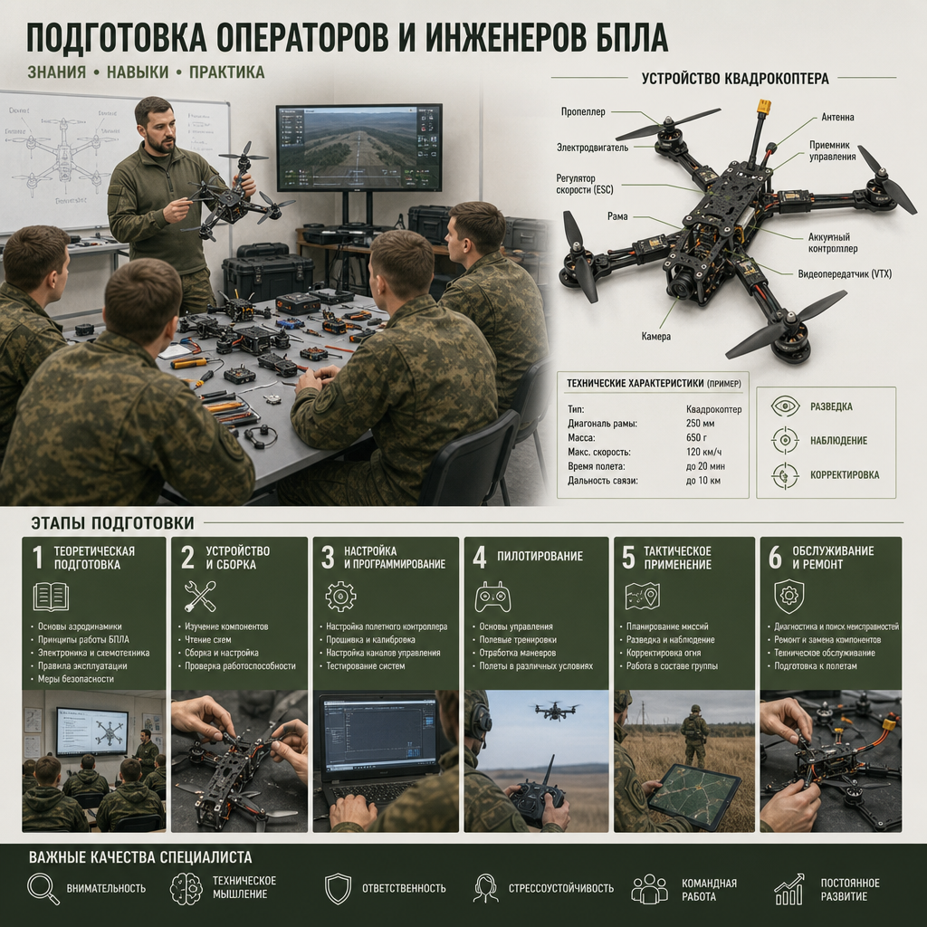 группа военнослужащих на учебном занятии по подготовке операторов и инженеров БПЛА — инструктор объясняет устройство квадрокоптера, на столах разложены компоненты дронов
