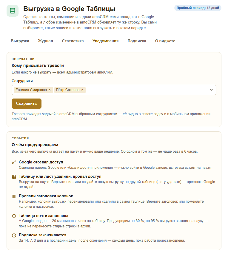 Вкладка «Уведомления»: выбор сотрудников и список событий, о которых предупреждает виджет