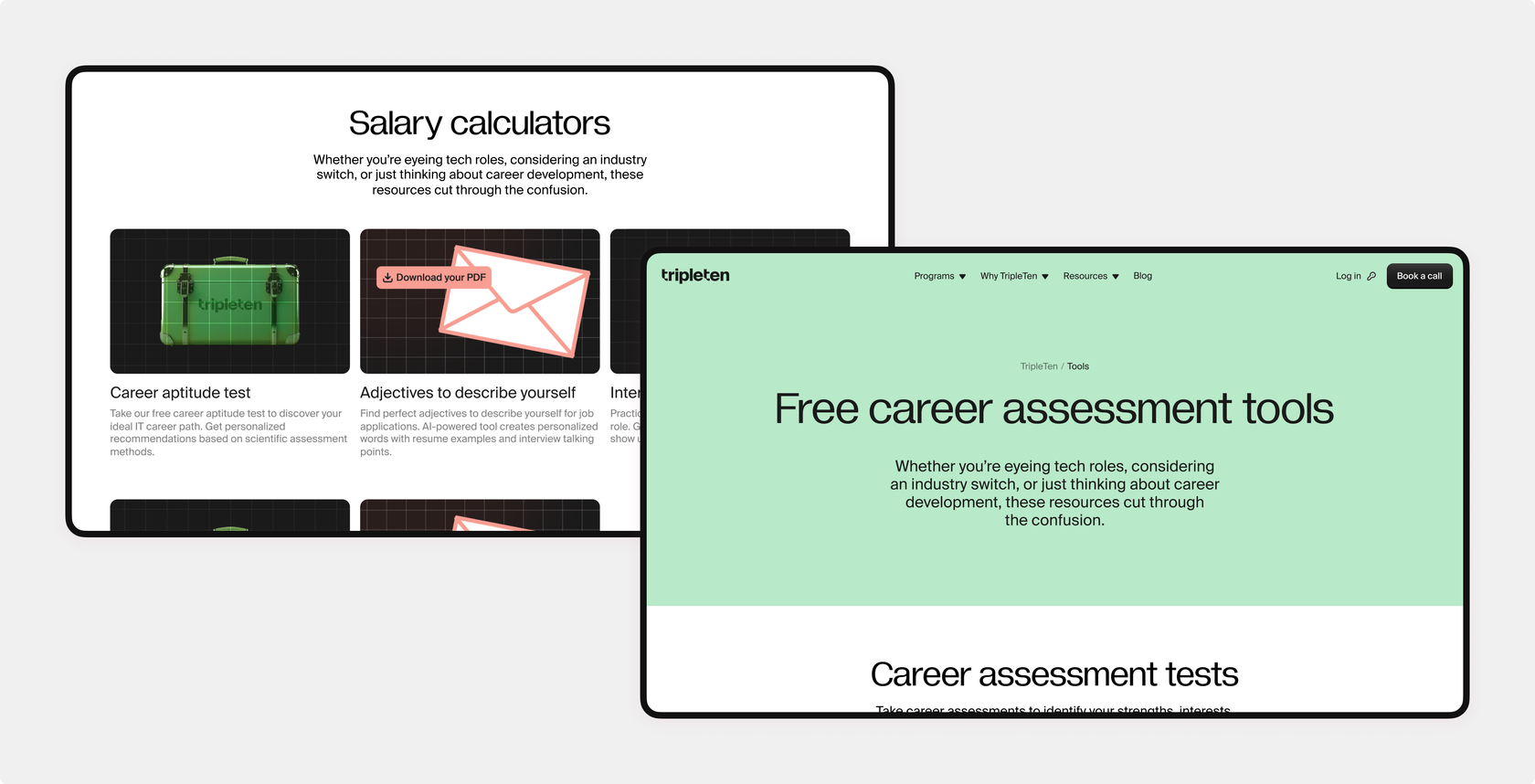 TripleTen &ldquo;Free career assessment tools&rdquo; page leading into the Career assessment tests section, next to the Salary calculators cards