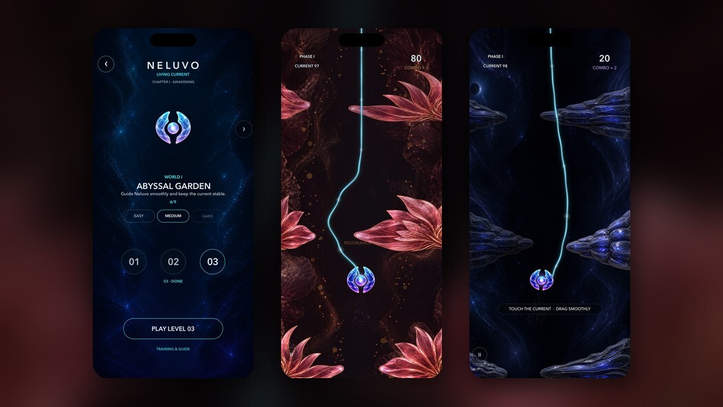 NELUVO, an indie one-finger precision game for iPhone where you guide a living current of light through three worlds
