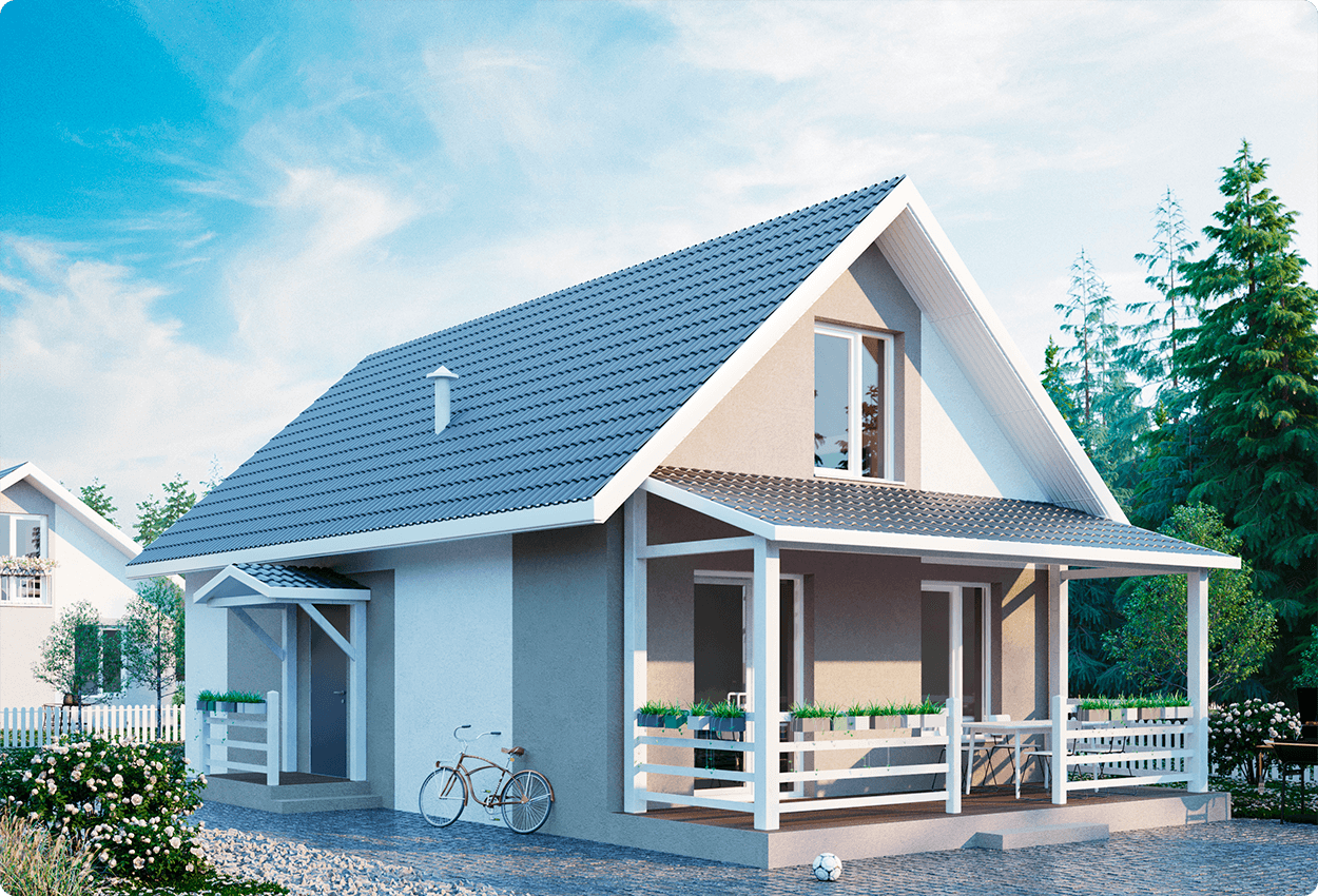 Z500 проекты одноэтажных домов с мансардой. практичный дом. крыша с балконом с финской зеленой черепицей. проекты мансардных домов. красивые коттеджи.