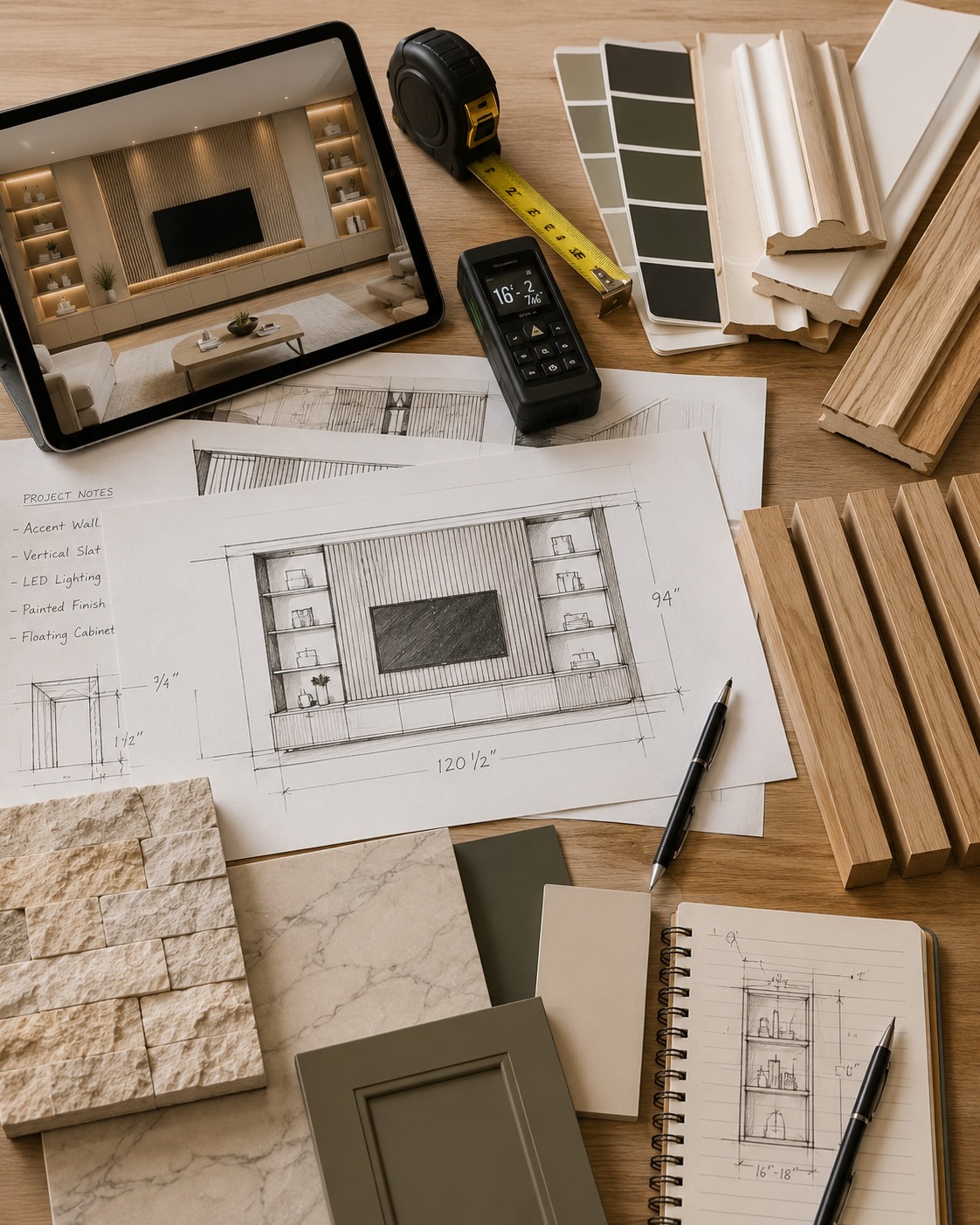 Designer workspace with accent wall drawings, material samples, wood moldings, paint colors, measurements, and planning tools used to estimate a custom accent wall project.