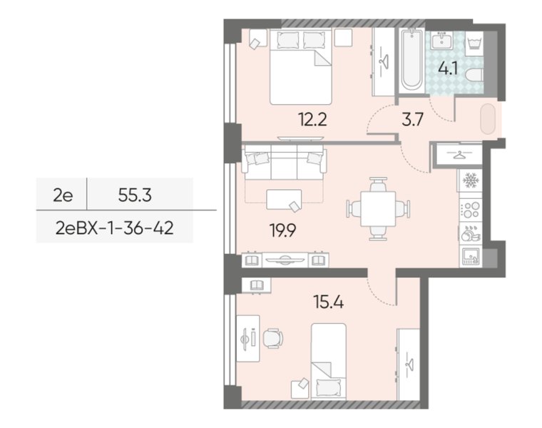 Планировка 2-комнатной евроквартиры 55,3 м² в ЖК «МАРК»: дом 33, 38-й этаж