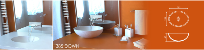 Раковина 385 DOWN из акрилового камня, размеры: ширина 385 мм, глубина 255 мм, высота борта 102 мм. Компактная круглая форма, схема параметров и монтажа.