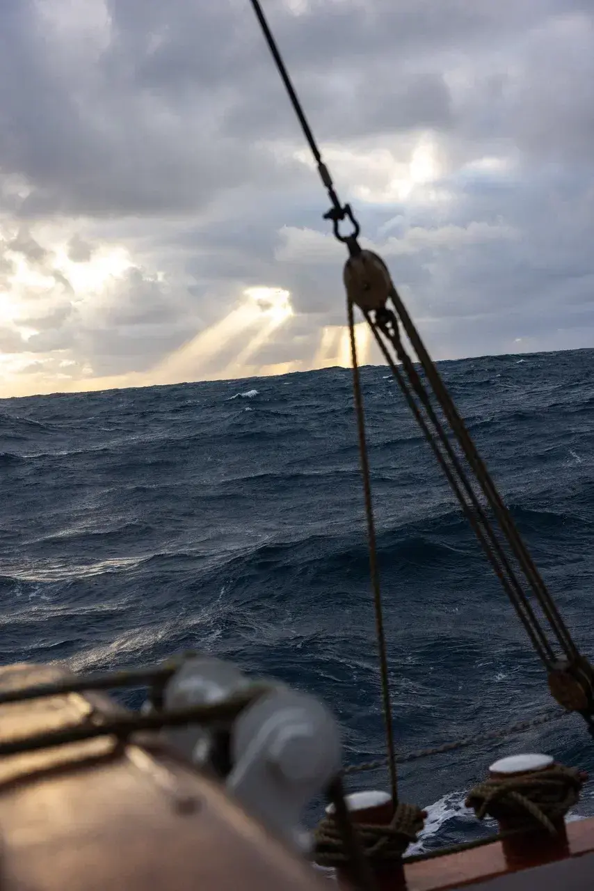 Open Atlantic Ocean viewed from the deck of a sailing yacht during a transatlantic crossing.