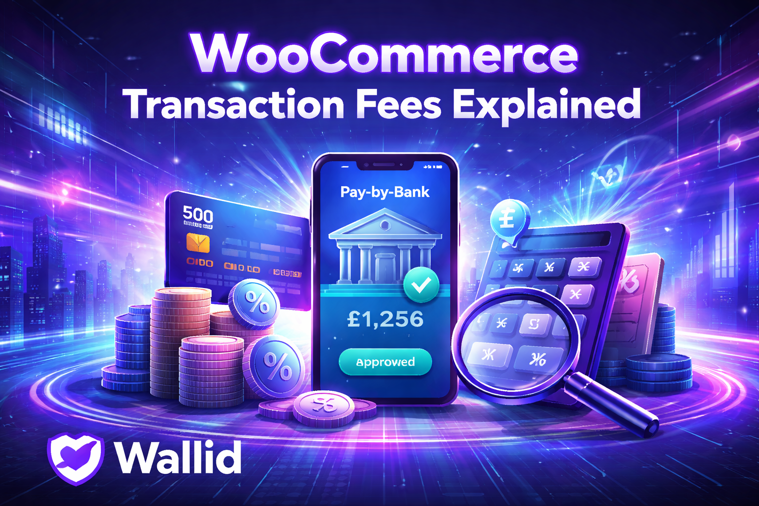 Futuristic illustration showing WooCommerce payment fees, pay-by-bank approval, and cost analysis with Wallid branding