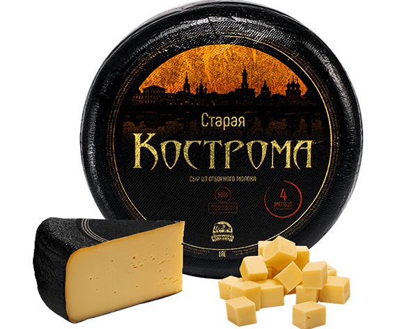 Сыр Старая Кострома выдержка 4 месяца — круглая головка и кусочек
