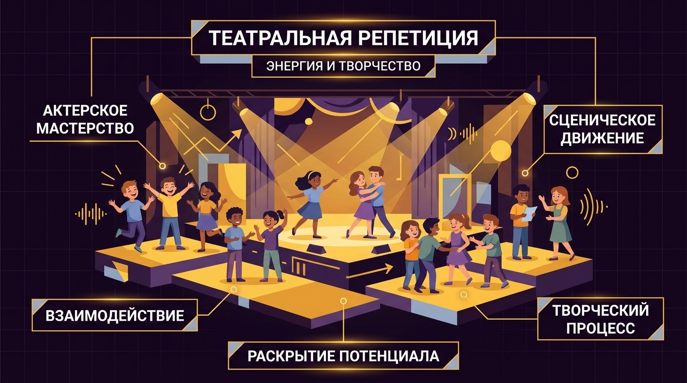 Дети 10-14 лет репетируют на сцене театрального лагеря
