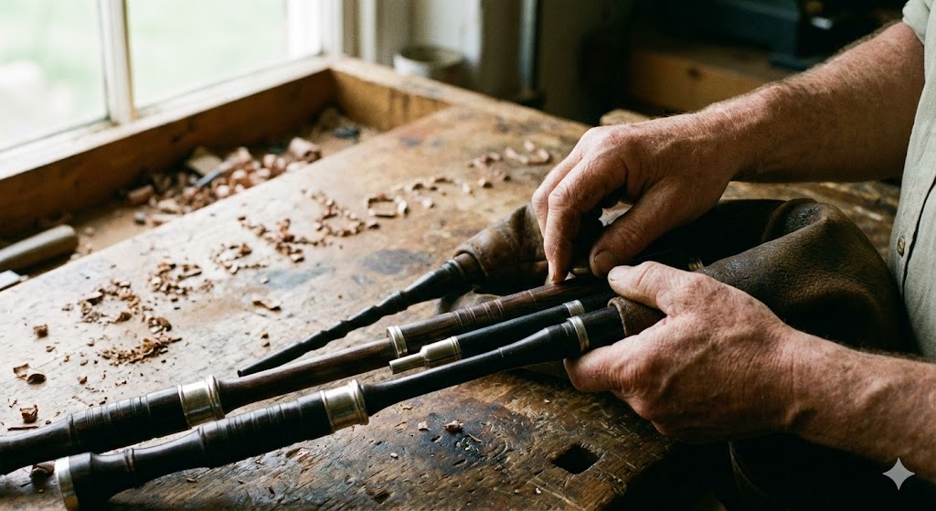 Мастер настраивает деревянные трубы волынки