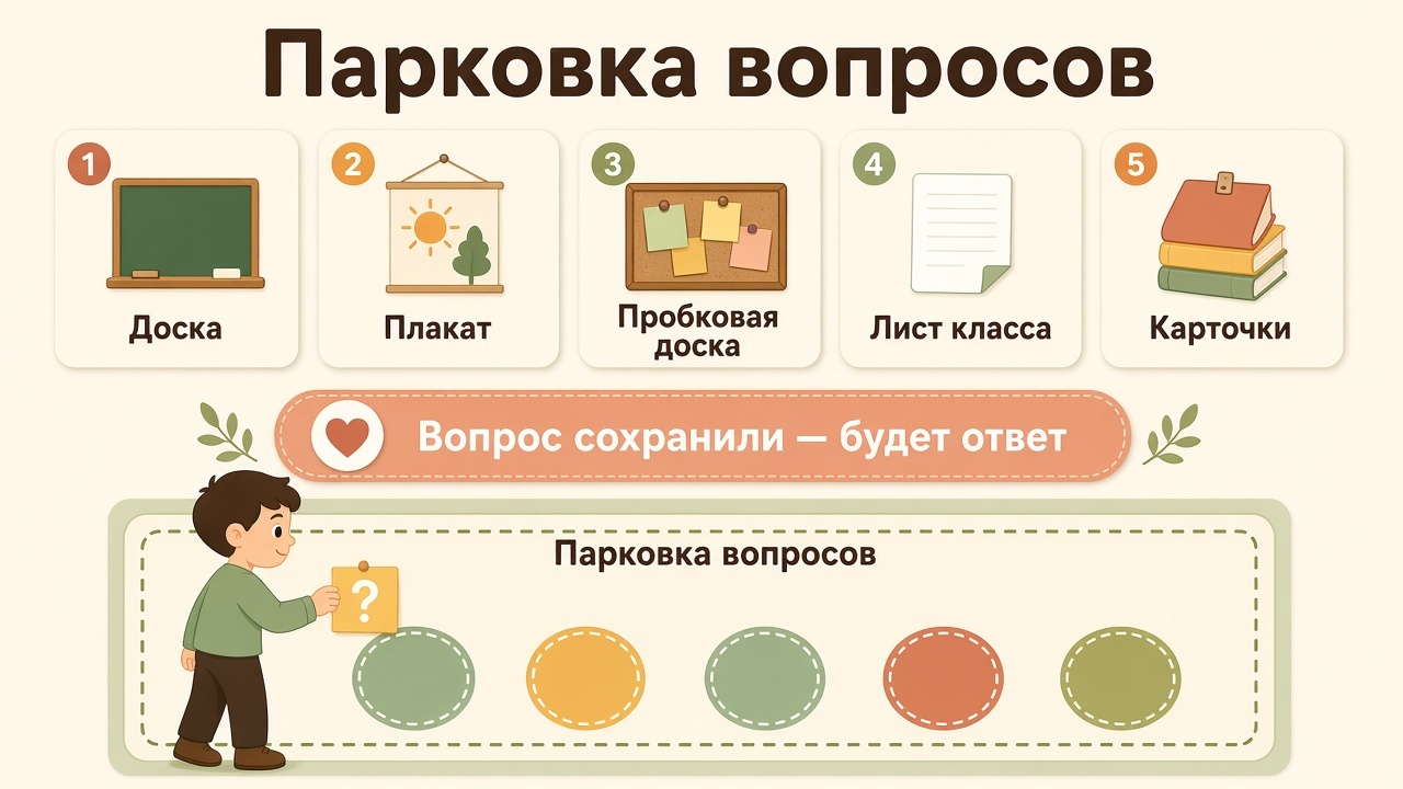 Пять мест для парковки вопросов: доска, плакат, пробковая доска, лист класса и карточки
