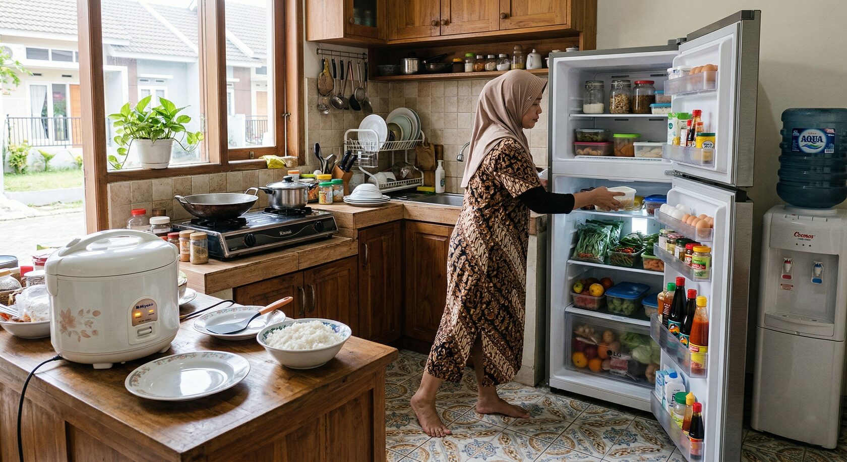 Langkah 3: Perhatikan dapur, karena pemborosan sering bersembunyi di sana Dapur adalah salah satu area yang paling sering membuat boros tanpa disadari. Bukan karena semua alat di sana mahal, tetapi karena dipakai berulang dan sering dibiarkan “sebentar lagi dipakai lagi”. Titik rawan di dapur: Rice cooker terus pada mode hangat padahal nasi sudah tidak akan dimakan lagi dalam waktu dekat Dispenser tetap menyala 24 jam Pintu kulkas terlalu sering dibuka Kulkas terlalu penuh sehingga sirkulasi udara tidak optimal Menaruh makanan panas langsung ke kulkas Kementerian ESDM memasukkan penanak nasi, kulkas, dan dispenser air minum dalam cakupan kebijakan label hemat energi, yang menunjukkan bahwa alat-alat ini memang relevan dalam konsumsi energi rumah tangga. Sistem bintang pada LTHE juga dibuat agar konsumen bisa membandingkan efisiensi antarproduk dengan lebih mudah. Yang bisa dilakukan: Gunakan mode “warm” rice cooker seperlunya Matikan pemanas dispenser jika tidak diperlukan sepanjang hari Buka kulkas seperlunya dan tutup rapat Biarkan makanan panas turun suhu dulu sebelum masuk kulkas Rapikan isi kulkas agar barang mudah ditemukan Contoh nyata sehari-hari: Sering terjadi orang membuka kulkas lama karena baru memikirkan mau ambil apa setelah pintu terbuka. Kebiasaan ini kecil, tetapi kalau dilakukan berkali-kali setiap hari, kulkas bekerja lebih keras dari yang seharusnya.