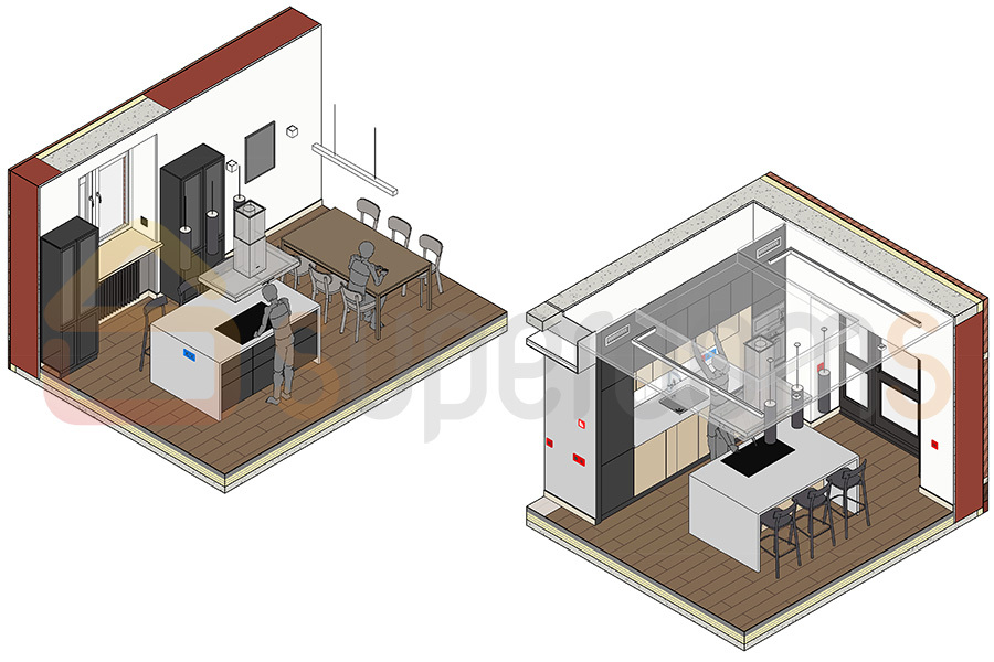 оптимальный размер кухни-столовой в загородном доме, планировка кухни столовой