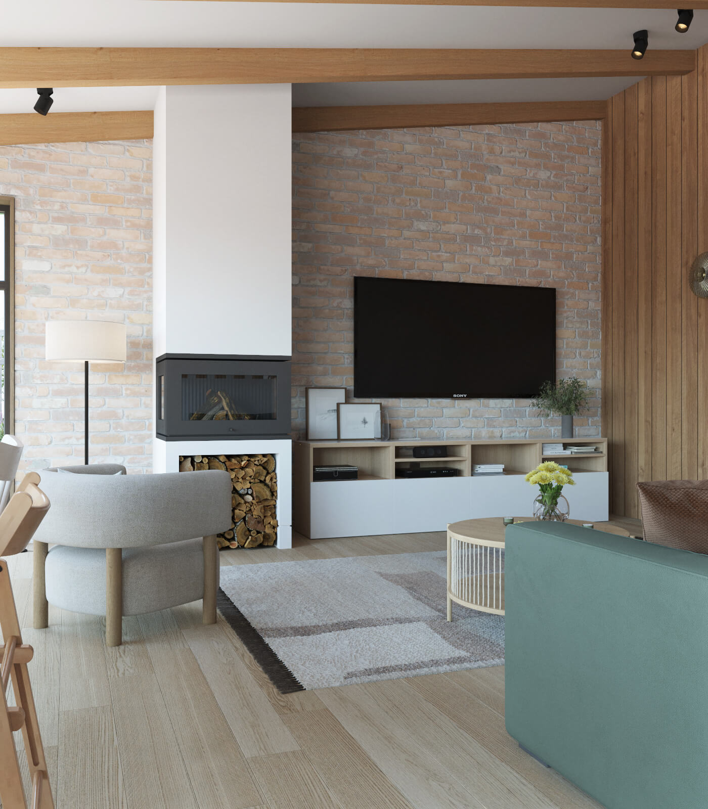 пристройка к дому с кухней, камин с топкой, кирпичная стена