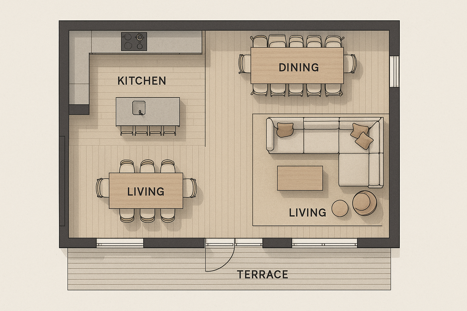 Схема планировки кухни-гостиной в одноэтажном доме с выходом на террасу