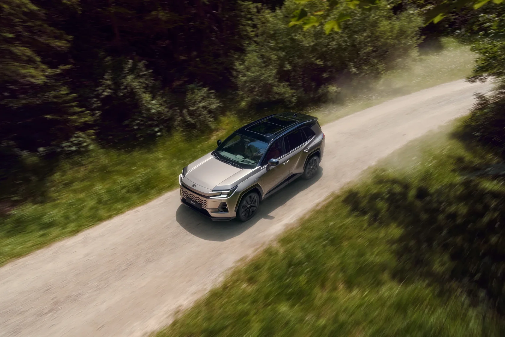 RAV4 едет по загородной дороге, вид сверху