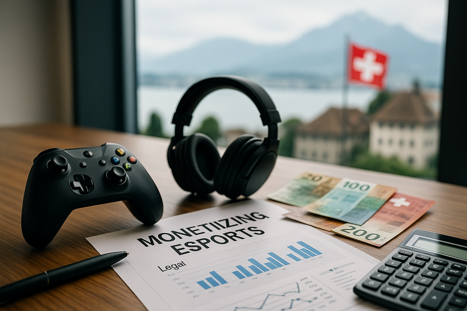 Team di eSports svizzero in un moderno ufficio di Zug che discute strategie di sponsorizzazione.