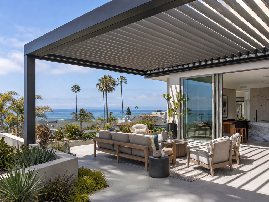 louvered pergola Irvine CA backyard with adjustable aluminum roof for shade and airflow
