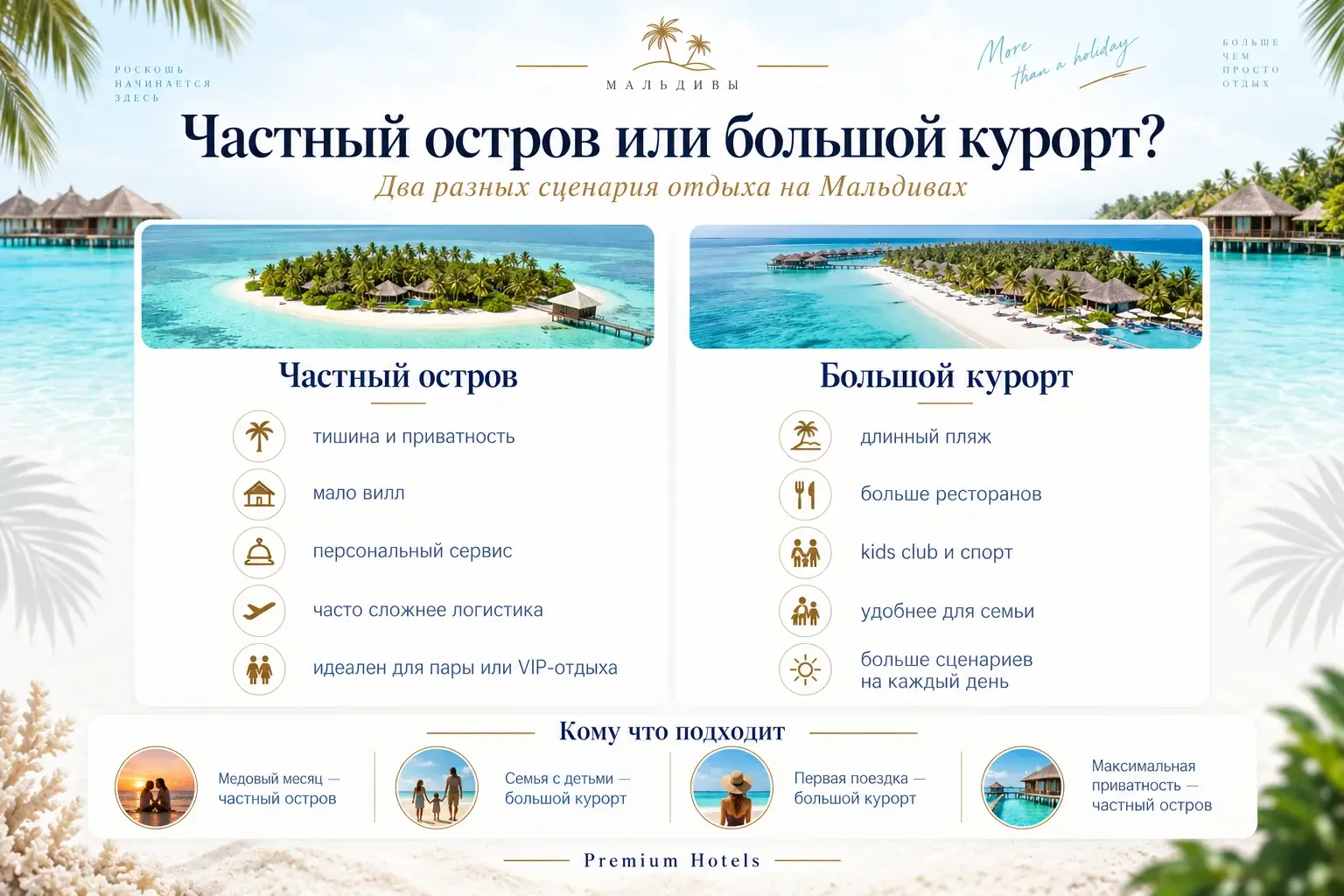 Частный остров или большой курорт на Мальдивах: сравнение приватности и инфраструктуры