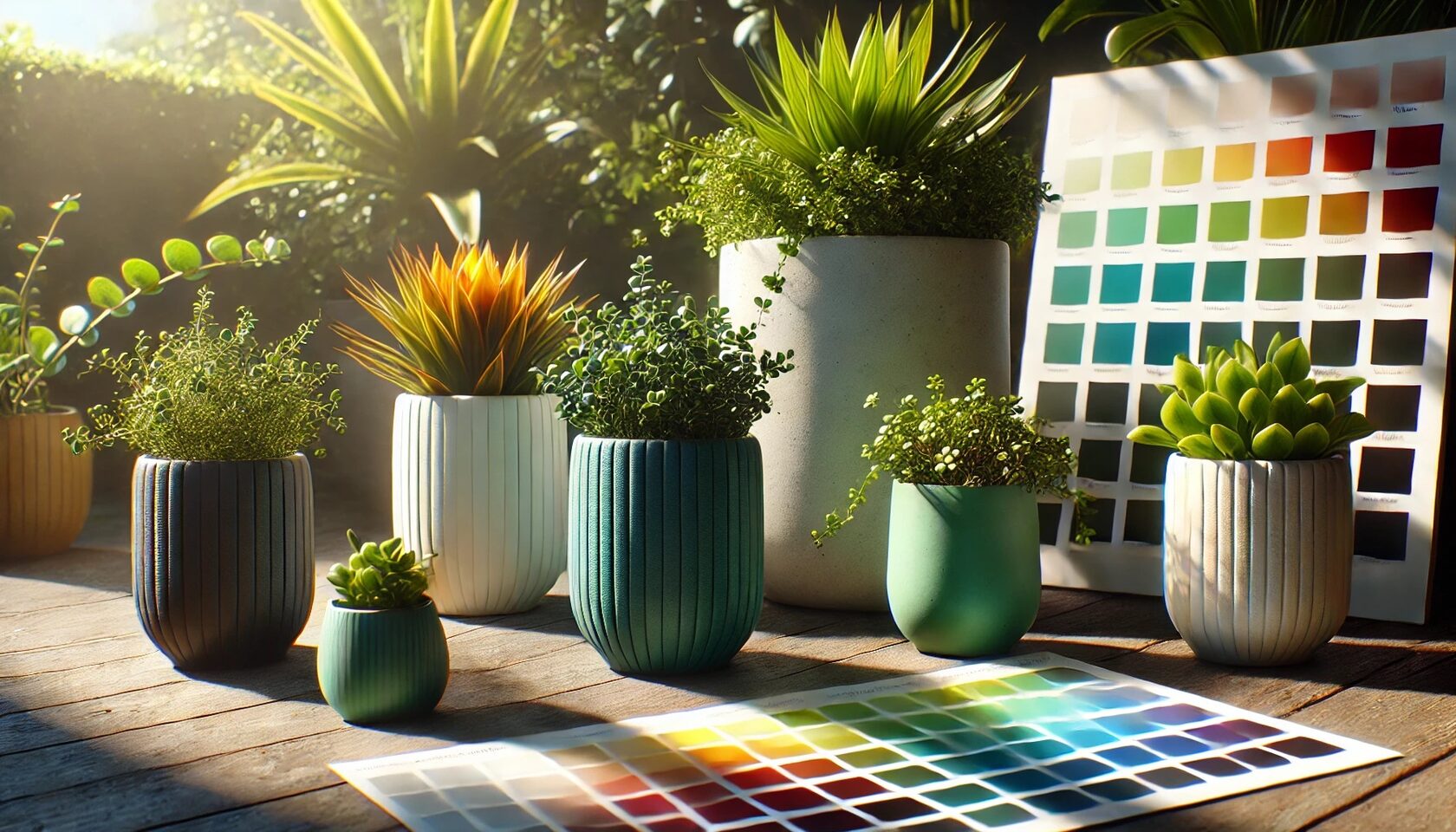 Colorful indoor pots with various plants, including succulents and leafy greens, alongside a color palette for selecting pot colors, emphasizing the importance of pot material and aesthetics in indoor gardening.