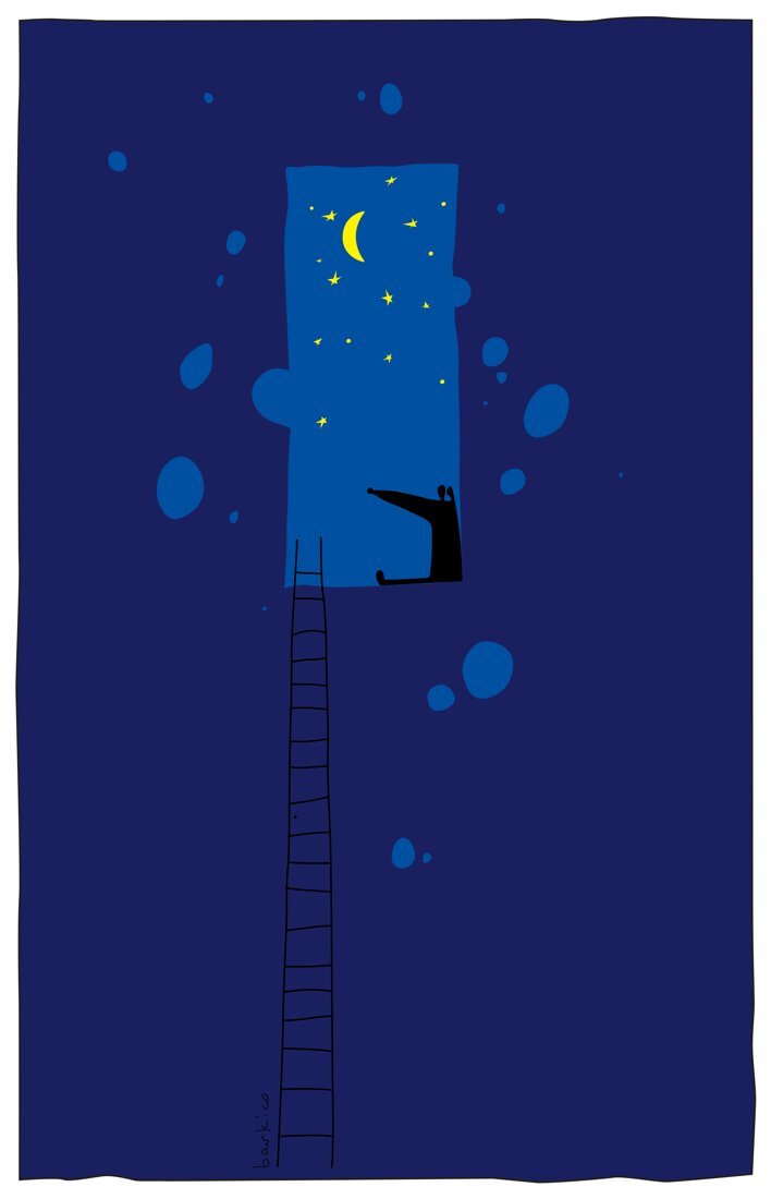 A window to the night sky with a ladder